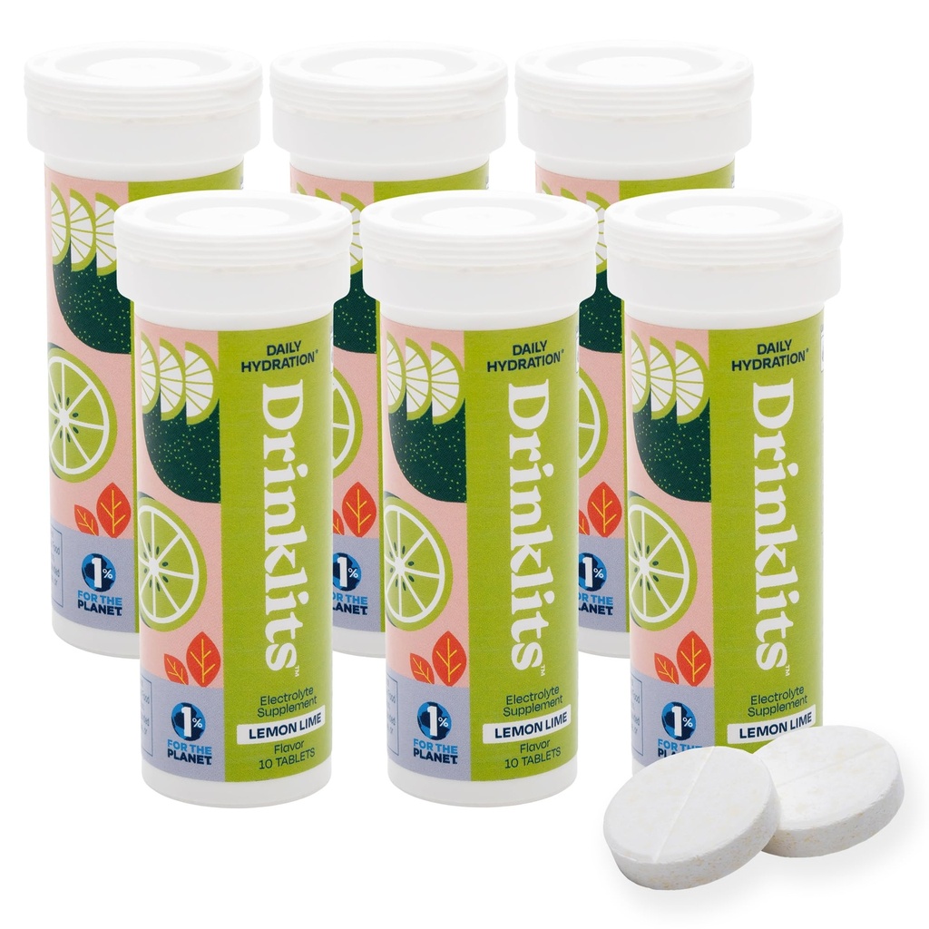 Drinklits Lemon Lime Electrolyte Fizzy Hydration Tablets (6) Tube Bundle | 0g Sugar - Natural Sports Drink - Essential Electrolytes | 60 Servierungen - 10 Tablets pro Tube