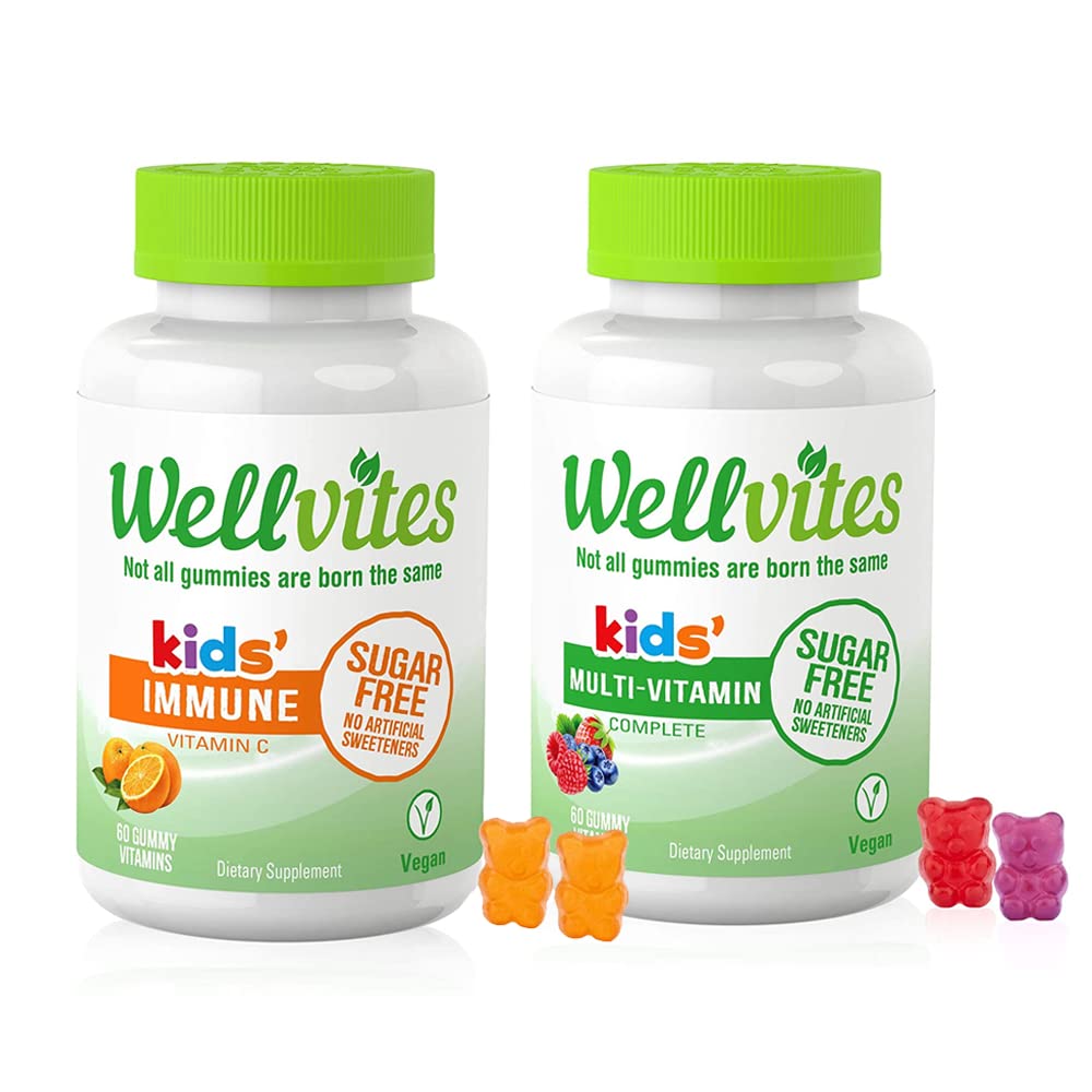 Wellvites Kids Multivitamin & Immune Daily Gummies Bundle - Sugar Free, Vegan, Non-GMO – Vitamine per bambini – Vitamina C per bambini Supporto immunitario - Nessun dolcificante artificiale – 60 Conte