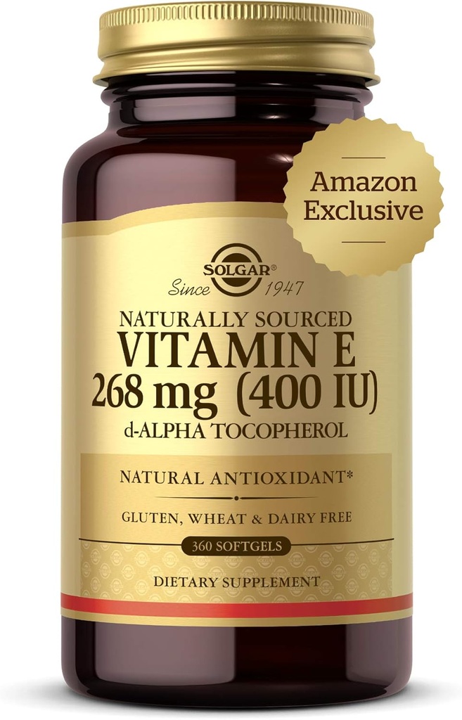 Solgar Vitamin E 268 mg (400 IU), 360 Alpha Softgels - Natürliches Antioxidans, Haut- und Immunsystem-Unterstützung - Naturally-Sourced Vitamin E - Glutenfrei, Molkefrei - 360 Portionen