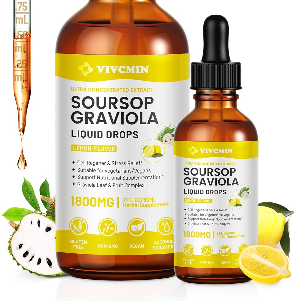Graviola Soursop Feuille Extract Liquide - Soursop Bitters Liquide, Soutien Immune, Relax, Foie et Sommeil, Sans sucre et sans alcool, Formule hautement absorbante, Lemon Flavor, 2 Fl Oz