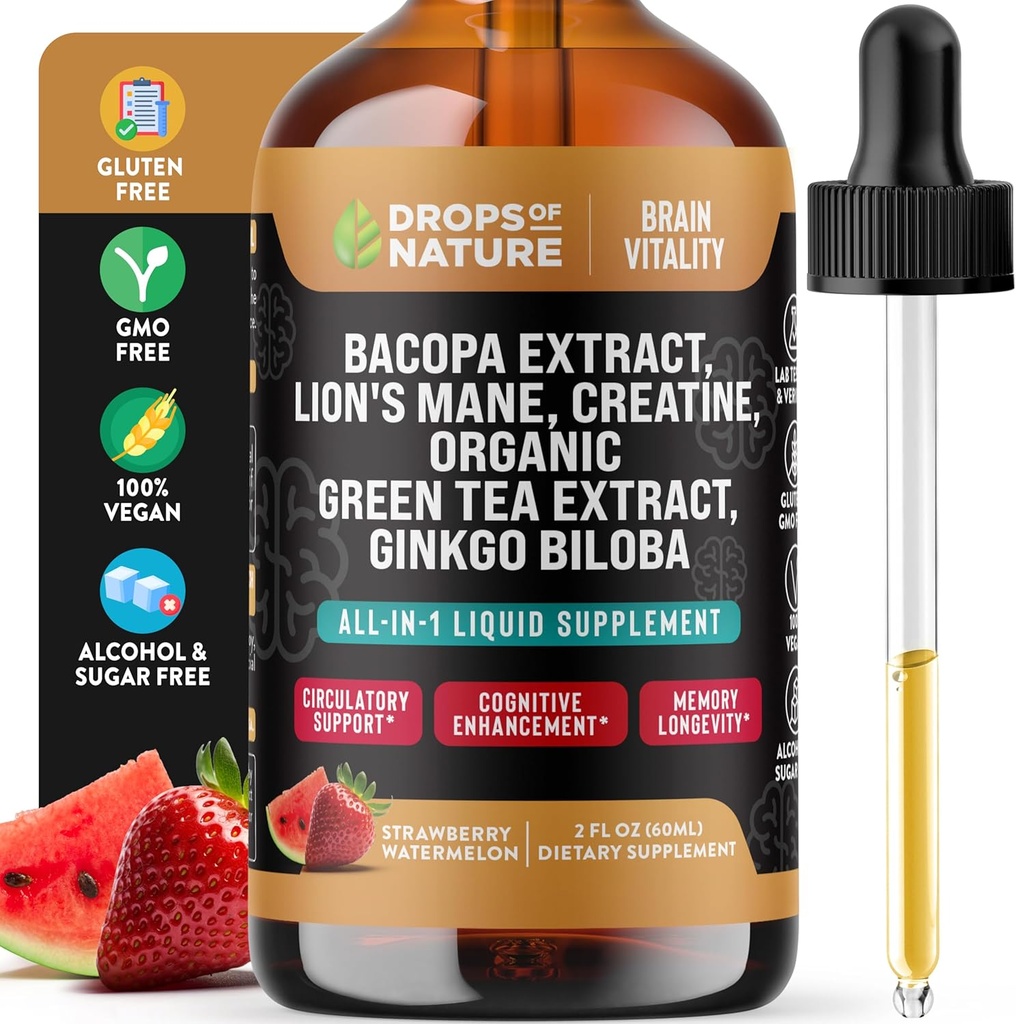 Creatine & Bacopa Flüssigkeitstropfen mit Lion’s Mane, Grüner Tee & Ginkgo Biloba - Schnellere absorbierende Mischung als Gummie & Pillen - Vegan-Ergänzung für verbesserten Fokus & Cognition (Strawberry Watermelon, 60mL)