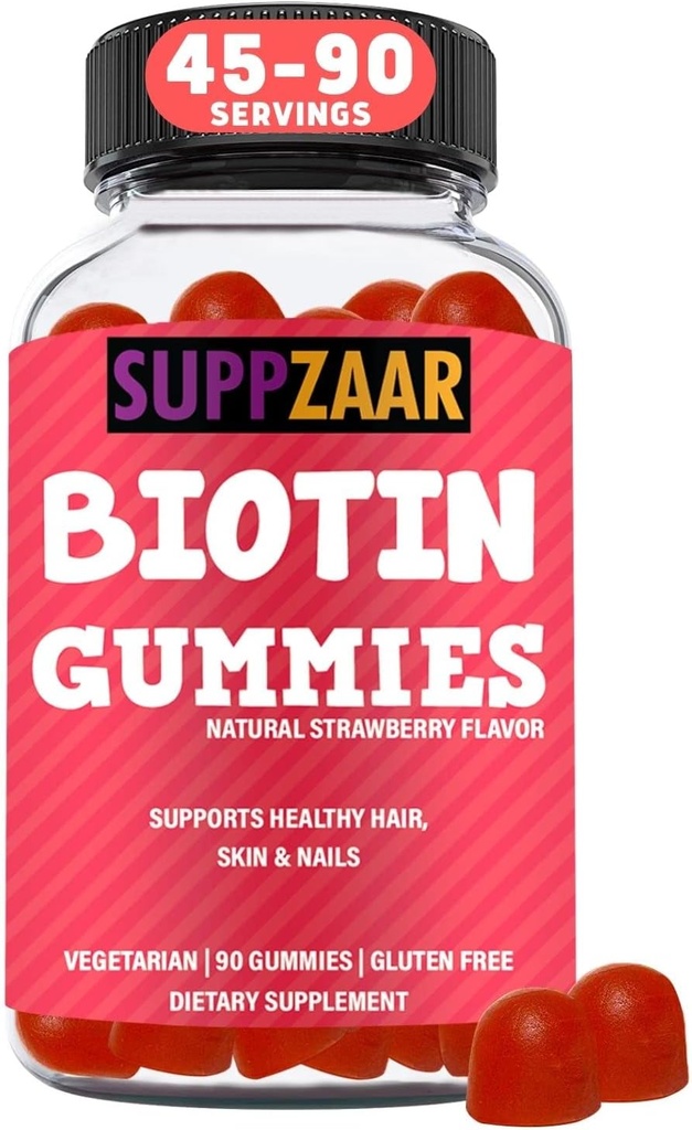 Vegan Biotin Gummies - Vitamine per la crescita dei capelli per le donne e gli uomini - Hair Skin and Nails Vitamins - Strawberry Flavor Gummy Vitamins - Non-GMO, Gelatin & Gluten-Free, 90 Gummies - SUPPZAAR