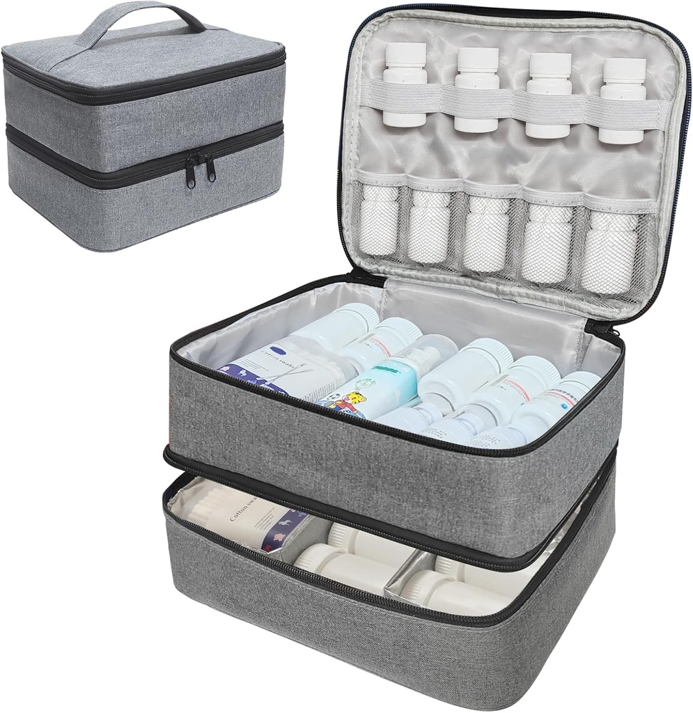 Organizzatore di medicina di viaggio e borsa di stoccaggio - borsa dell'organizzatore della bottiglia di doppio strato per i farmaci di emergenza, rimedi o corredi medici, sacchetto di medicina vuoto bloccabile a cerniera per la casa (Grey, M)