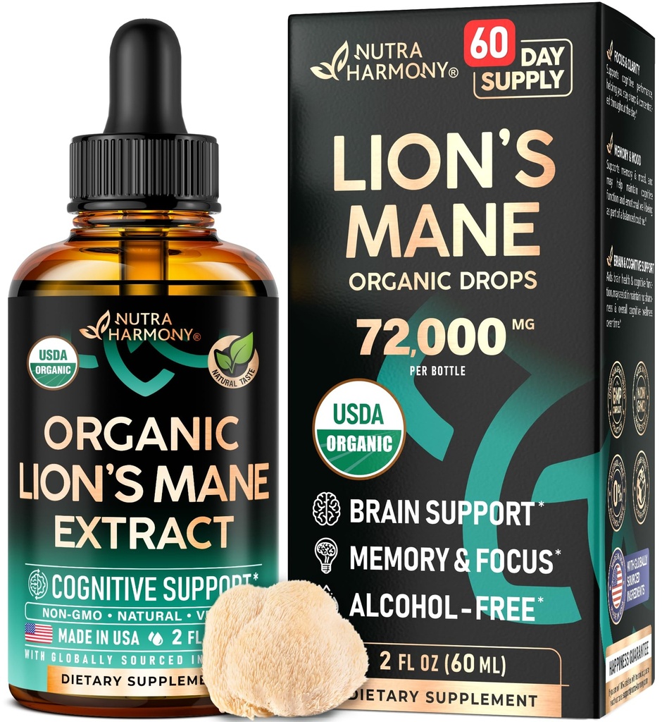 Lions Mane Liquid - USDA Certified Organic Lions Mane Supplemento - Supporto per il cervello, Energia, Memoria & Focus - Zucchero & Alcohol-Free Lion's Mane Mushroom Extract 72,000 mg / Bottiglia, 2 Fl OZ, 2 mesi di alimentazione