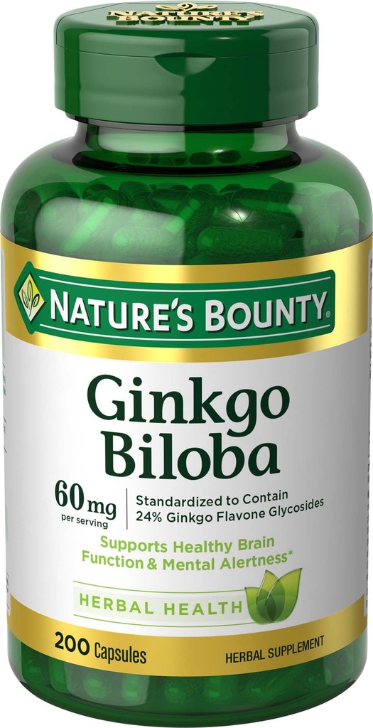Nature's Bounty Ginkgo Biloba, unterstützt gesunde Gehirnfunktion, Kräuterergänzung, 60 Mg, 200 Kapseln
