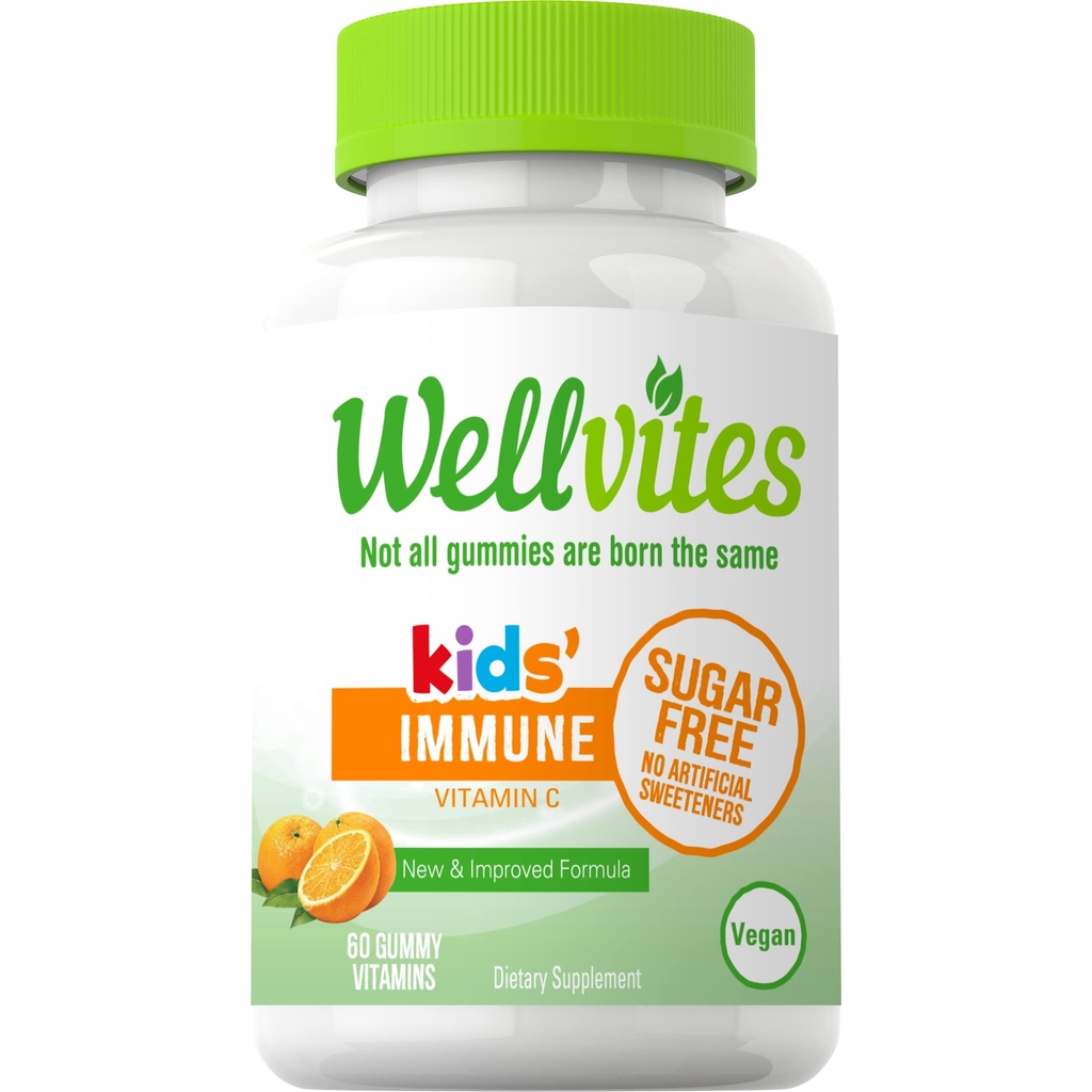 Wellvites Sugar Free Kids Immune Daily Gummy Vitamine - Vegan, Non-GMO - Vitamin C Gummis für Kinder Immununterstützung, keine künstlichen Süßungsmittel, Glutenfrei, Gelatin-frei, 60 Zähler (30 Tage Versorgung)