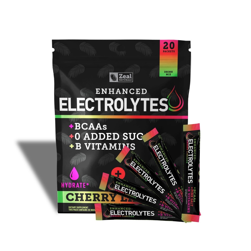 Boîtes de poudre d'électrolytes améliorées (Limeade de cerise) 20 paquets avec 0 sucre + BCAA + B-Vitamines Supplément d'électrolyte avec Zinc de potassium et Magnésium pour l'hydratation - Electrolytes de kéto