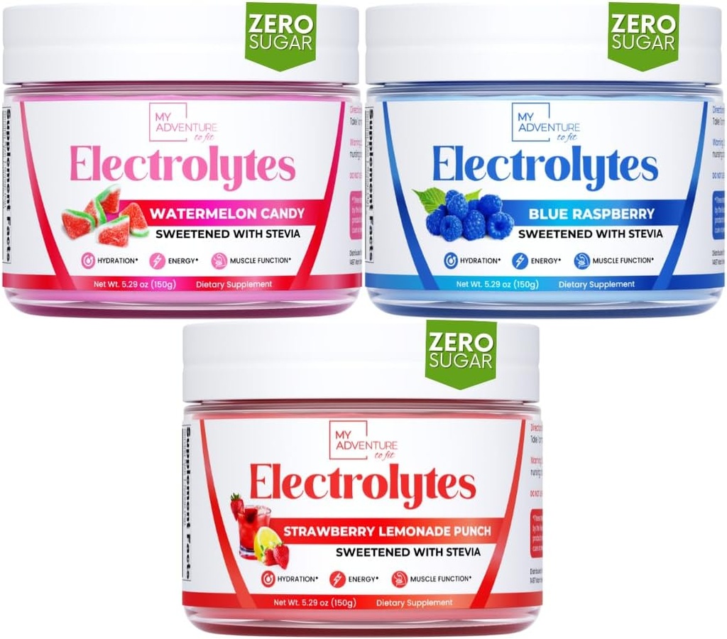 La mia avventura per adattare la polvere di elettroliti di idratazione rinfrescante con zucchero Zero, Bundle, Blue Raspberry & Watermelon Candy & Strawberry Lemonade Flavors