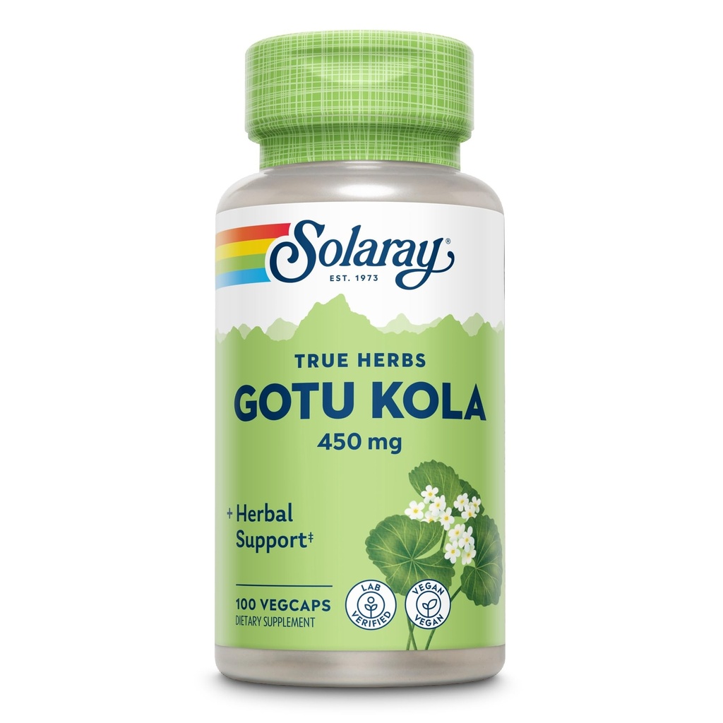 SOLARAY Gotu Kola 450mg - Centella Asiatica Herbal Supplements - Gotu Kola Capsules Made with Whole Aerial for Powerful Wellness Support - Vegan, Non-GMO, Lab Verified, 60-Day Guarantee, 100 Servings