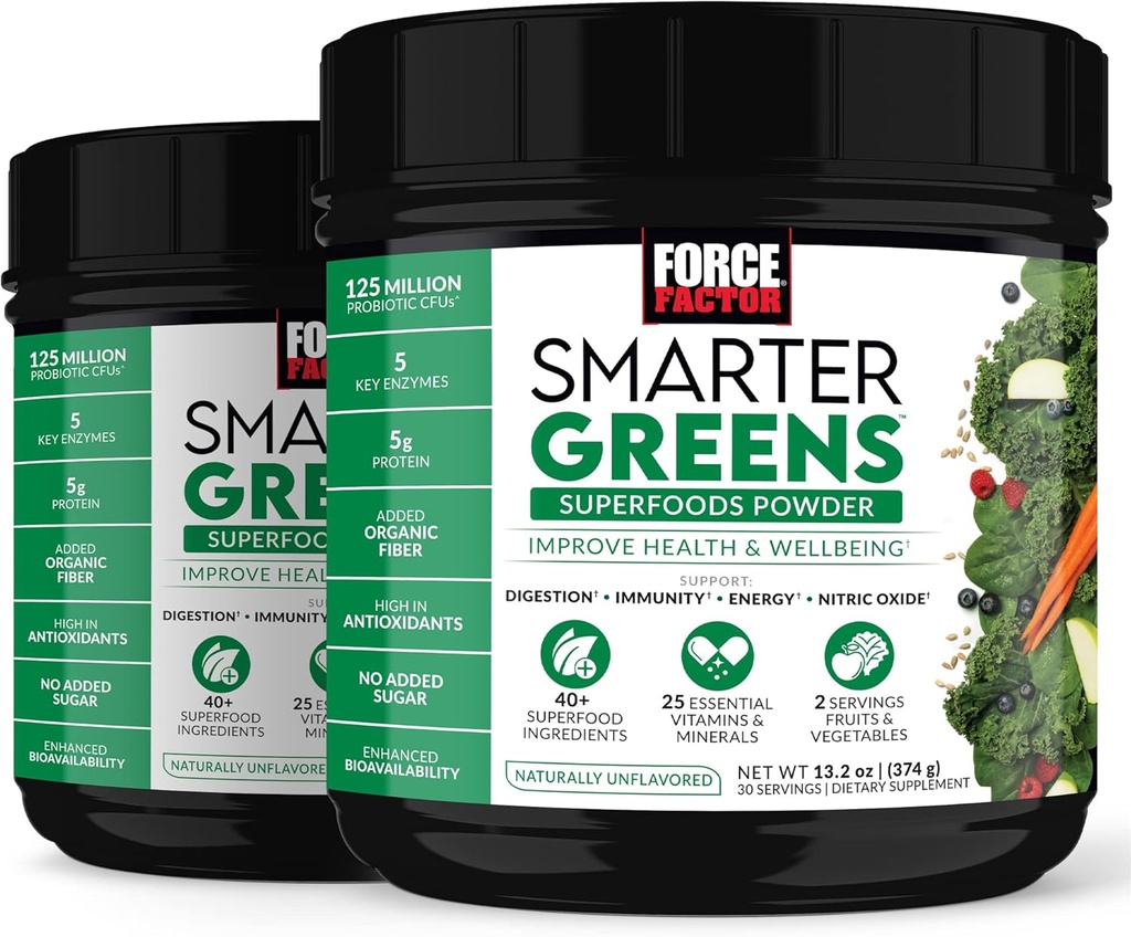 FORCE FACTOR Smarter Greens Superfoods Polvere, 2-Pack, Supporta la digestione e Bloating, l'immunità e l'energia, Greens Polvere con probiotici, enzimi digestivi, antiossidanti e fibra, 60 Servings