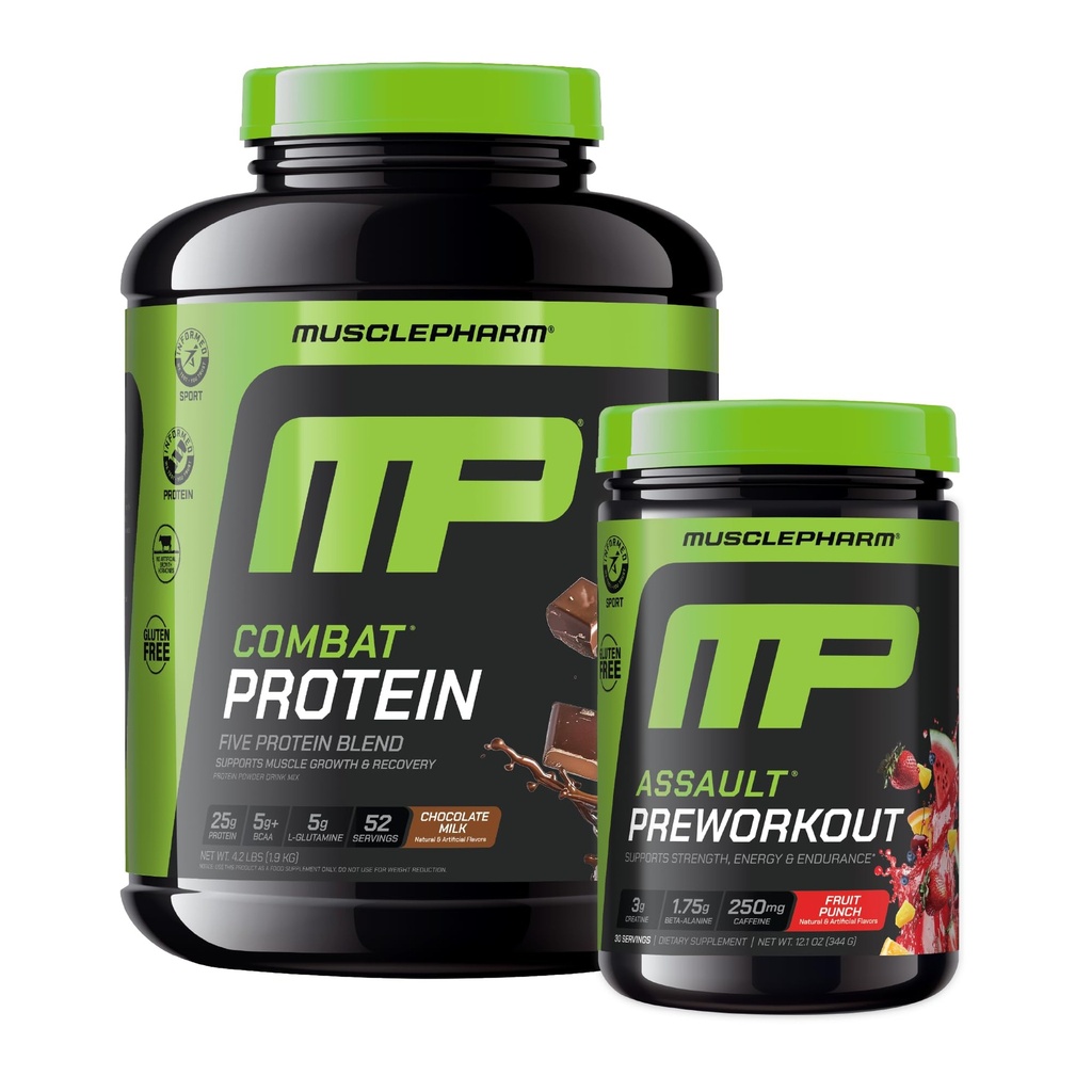 Muscle Pharm Combat 4lb Chocolate Protein e MusclePharm Assualt Fruit Punch Preworkout