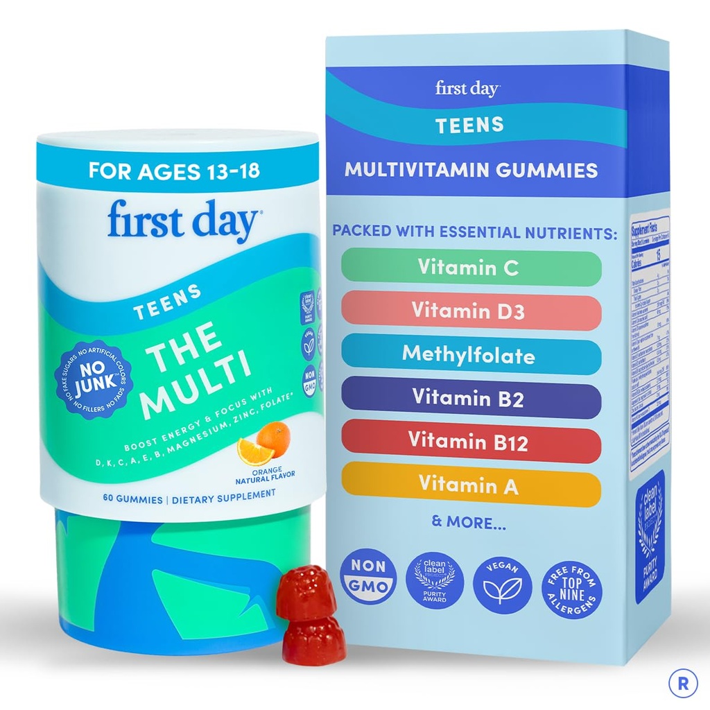 FIRST DAY Vitamine für Teens - Teen Multi Vitamine für Mädchen & Jungen 12-17, Organic Fruit & Veggie Blend - 12 Key Nährstoffe: Vitamine A, B1, B2, B6, B9, B12, C, D3, E, K2-30 Day Supply