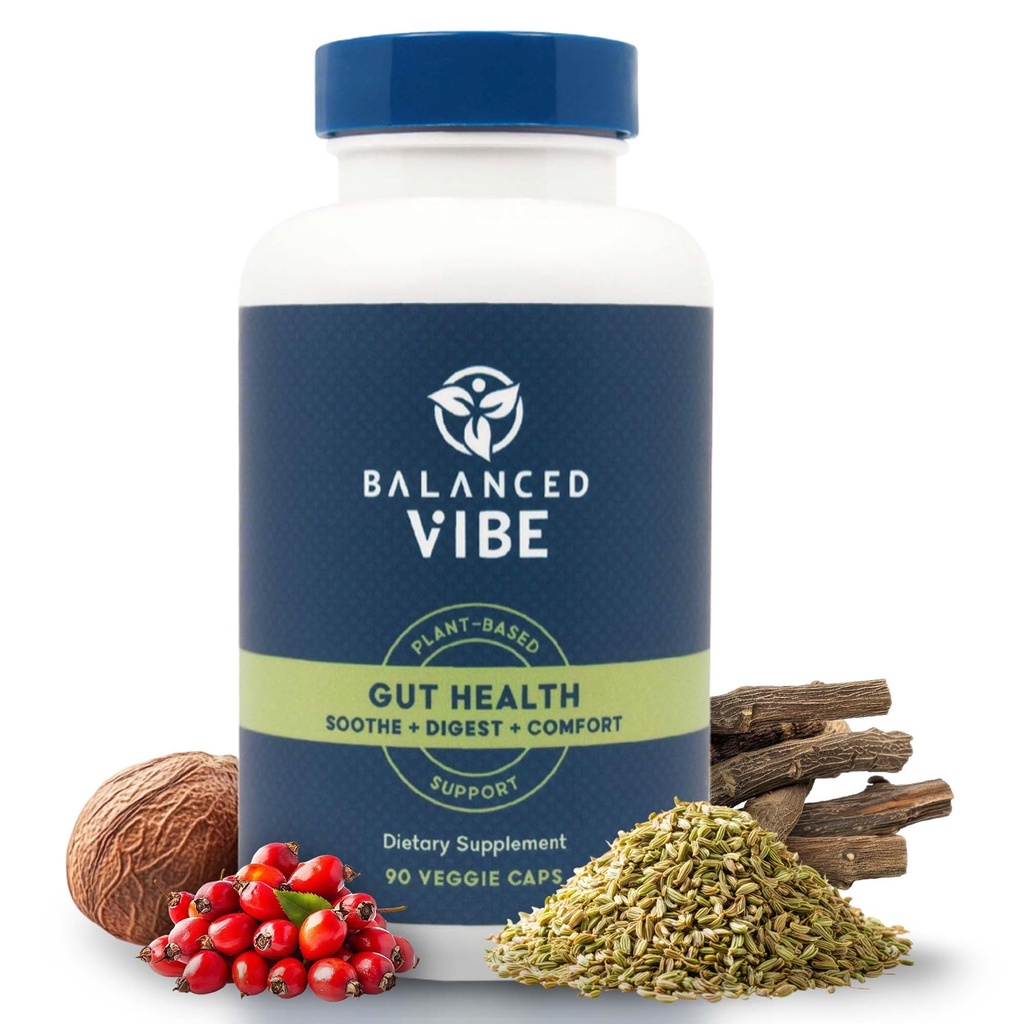 Équilibré Vitre bio Gut Health Supplement (supplément de santé) Digestive et doublante à base de plantes L-Glutamine, Glycine et 5 herbes biologiques pour rétablir une digestion saine et alimenter votre journée 90 capsules