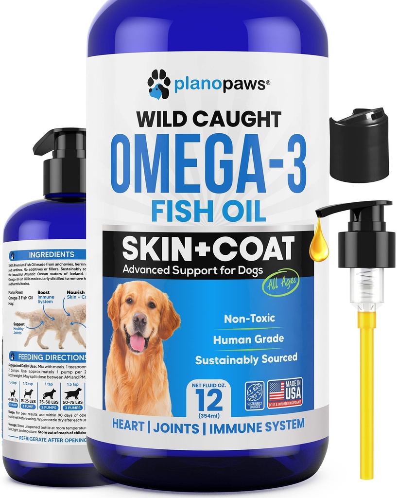 Olio di pesce Omega 3 per cani - Meglio di olio di salmone - Supplemento di olio di pesce del cane per ridurre il taglio e il prurito - Supporta giunti, cervello e salute del cuore - Supplemento di pelle e cappotto - Olio di pesce liquido