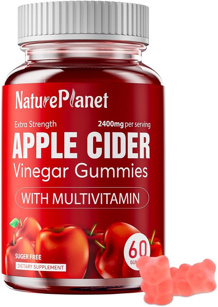 Gommie di sidro di mele NaturePlanet, 2400 MG ACV Gummies con Multivitamin, Vegan, Non OGM, Gluten Free, 60 Gummies
