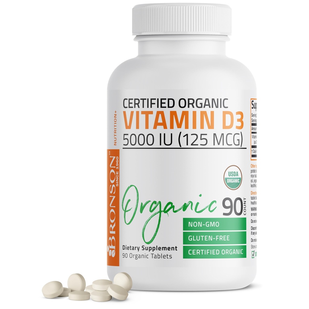 Bronson Vitamin D3 5000 IU Certified Organic Vitamin D Supplement, Non-GMO, USDA Zertifiziert, 90 Tabletten
