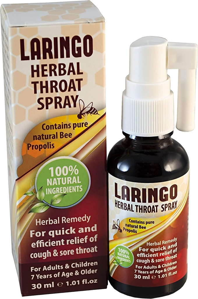Laringo Throat Spray - Contiene Pure 99% Estratto di Propoli di Api Raw - 100% Natural Throat Remedy per Adulti e Bambini - Gluten Free, Quick Relief. Kosher - 1 FL Oz