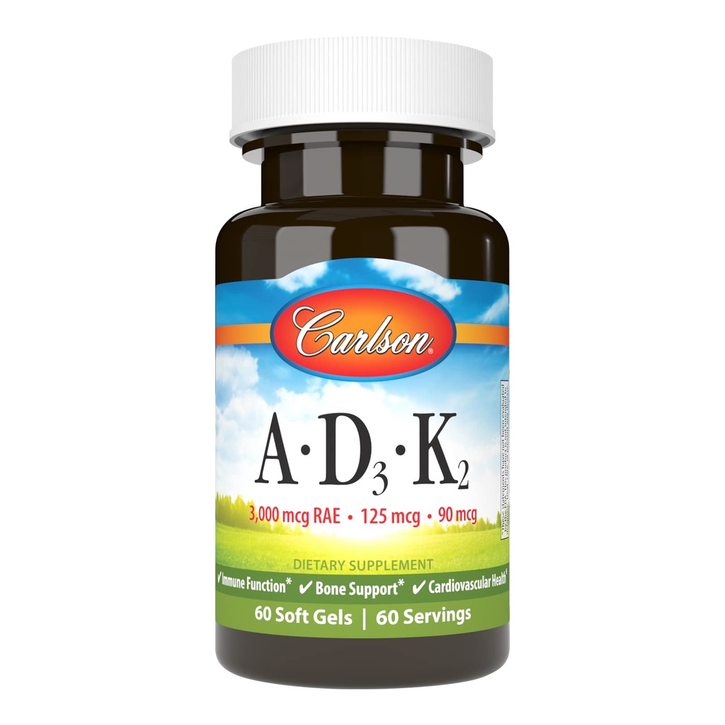 Carlson - Vitamine A, D3, K2, 3000 mcg RAE Vitamin A, 125 mcg Vitamin D3, 90 mcg Vitamin K2 als MK-7, Knochenbau, Calcium-Utilisation, 60 Weichgel