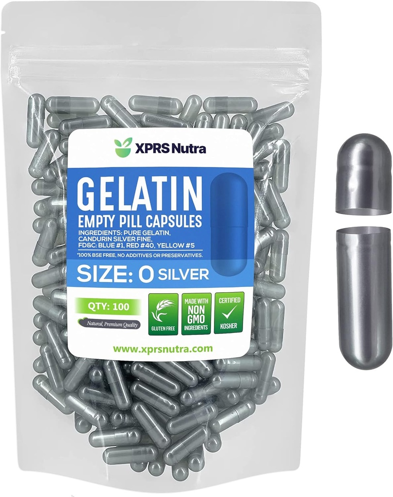 XPRS Nutra Size 0 Capsule Vuote - 100 Conte Empty Gelatin Capsule - Pillole DIY Capsule Filling - Pure Bovine Pill Gel Caps per Do-It-Yourself Supplements (Silver)