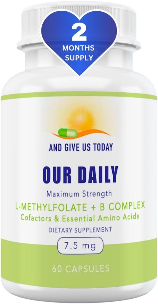 Our Daily Vites L-Methylfolate B Complex Cofactors & Essential Amino Acids (7.5mg) - Active Folate, Methylated B12 Methylcobalamin, B6 and Glycine - 60 Count