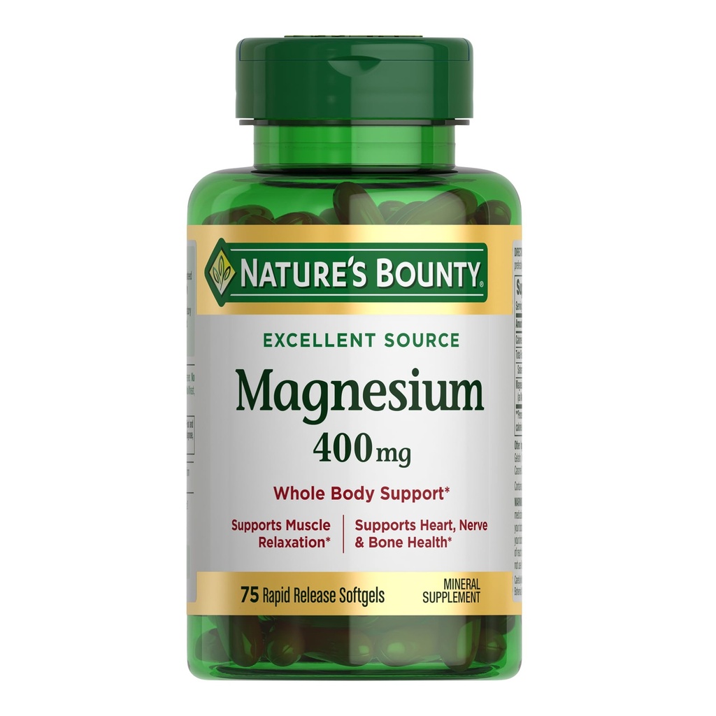 Nature's Bounty Magnesium 400 mg Softgel, Ganzkörperunterstützung, Magnesium Ergänzungen für Männer und Frauen, Herz, Nerve & Knochen Gesundheit, 75 Softgels (Pack von 1)
