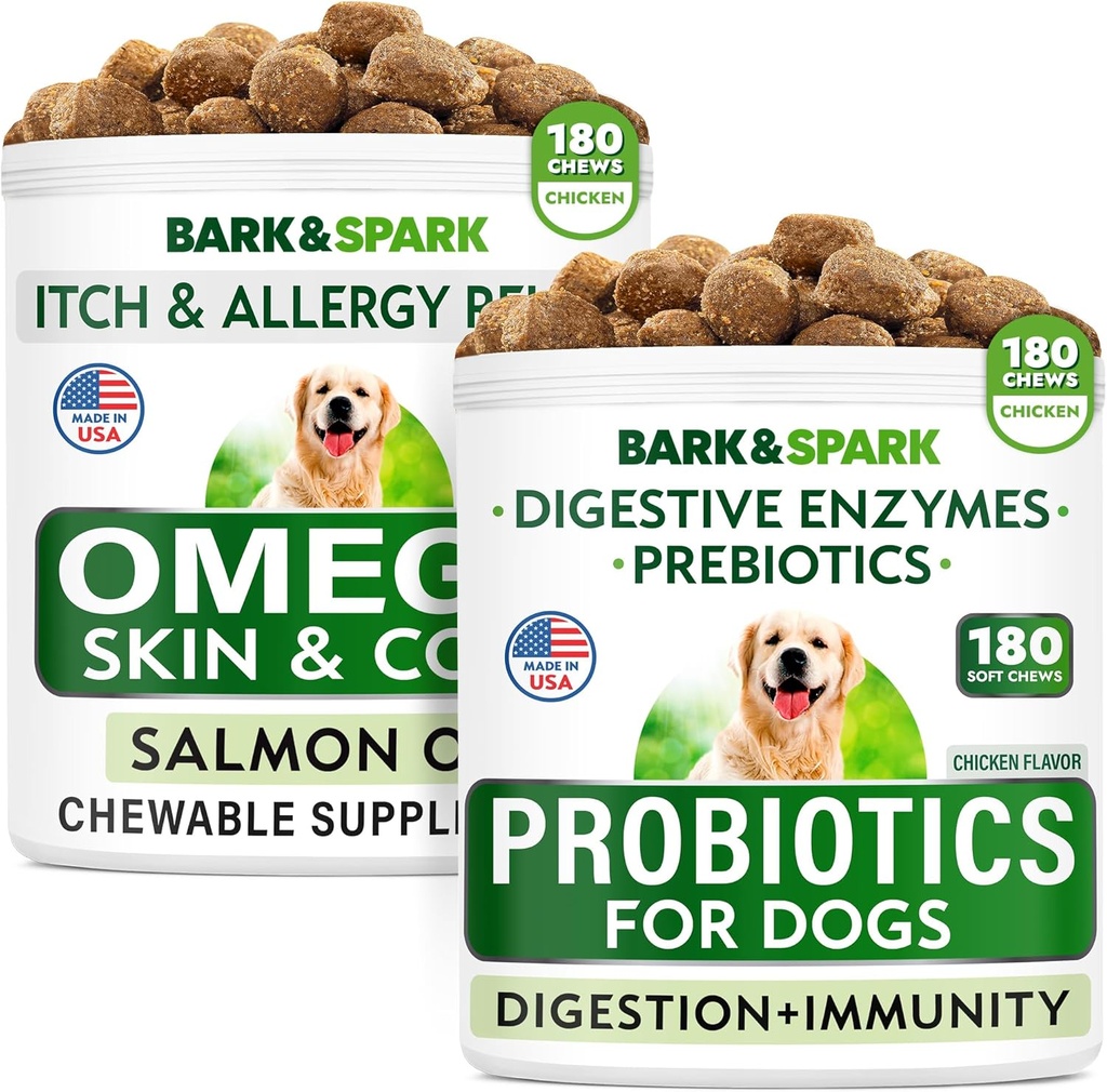 Probiotici per cani + Omega 3 per cani Bundle - Gas, Diarrea, costipazione, Rilievo di Stomach di Upset + Allergy e Itch Relief - Enzimi digestivi + Prebiotici + Omega 3 - Supporto per pelle e cappotto