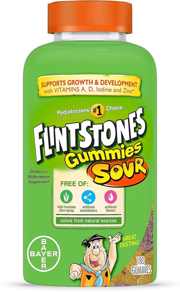 Flintstones Sour Gummy Vitamine per bambini, bambini Multivitaminici Gummies con vitamine C, B6, B12, A & Vitamina D, Support Kids Growth and Development, 180 Conte