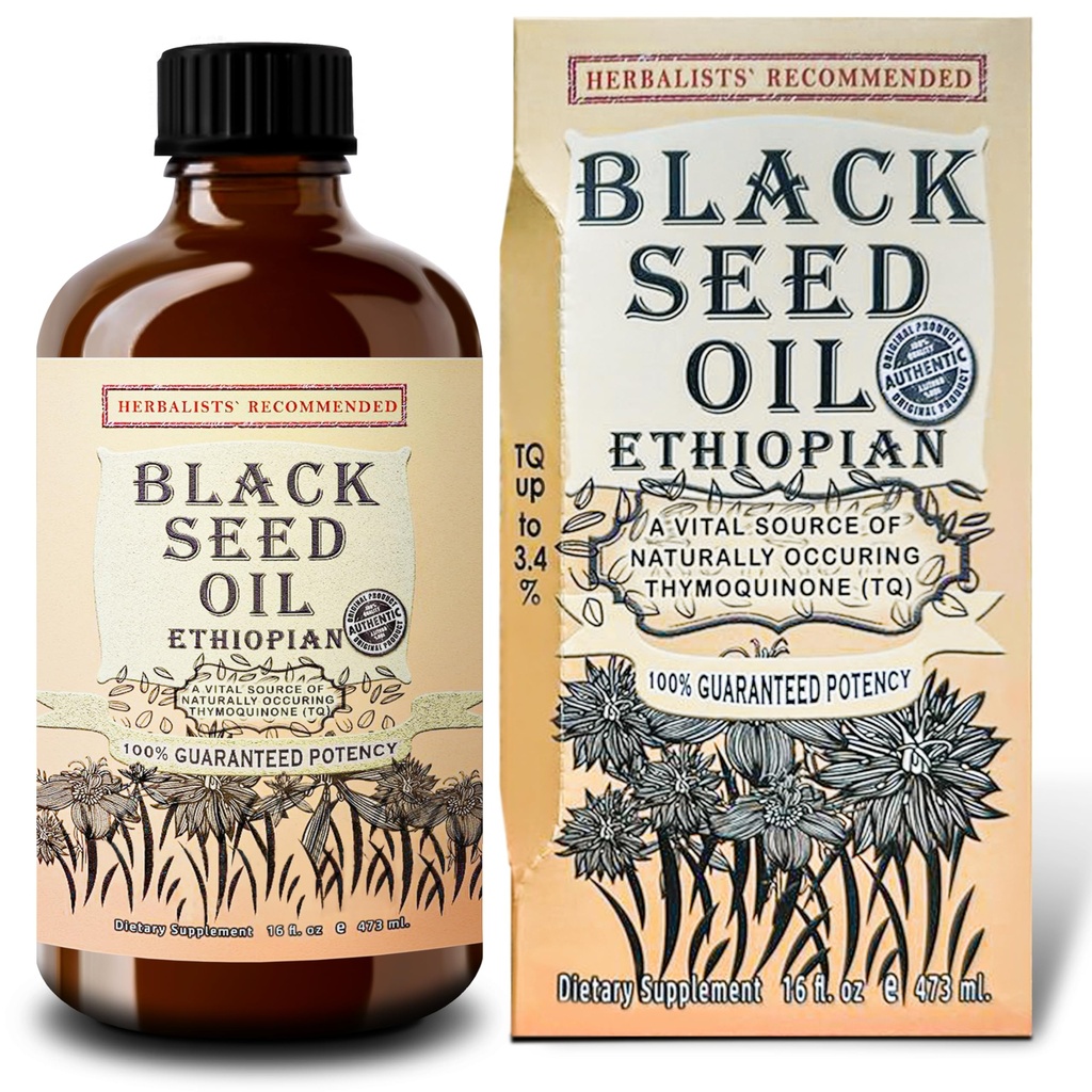 Äthiopisches Schwarzes Seedöl 16oz – Extra Strength 3x Thymochinon – 100% reines kaltgepresstes Nigella Sativa – Immun-, Gelenk-, Haar- und Hautunterstützung