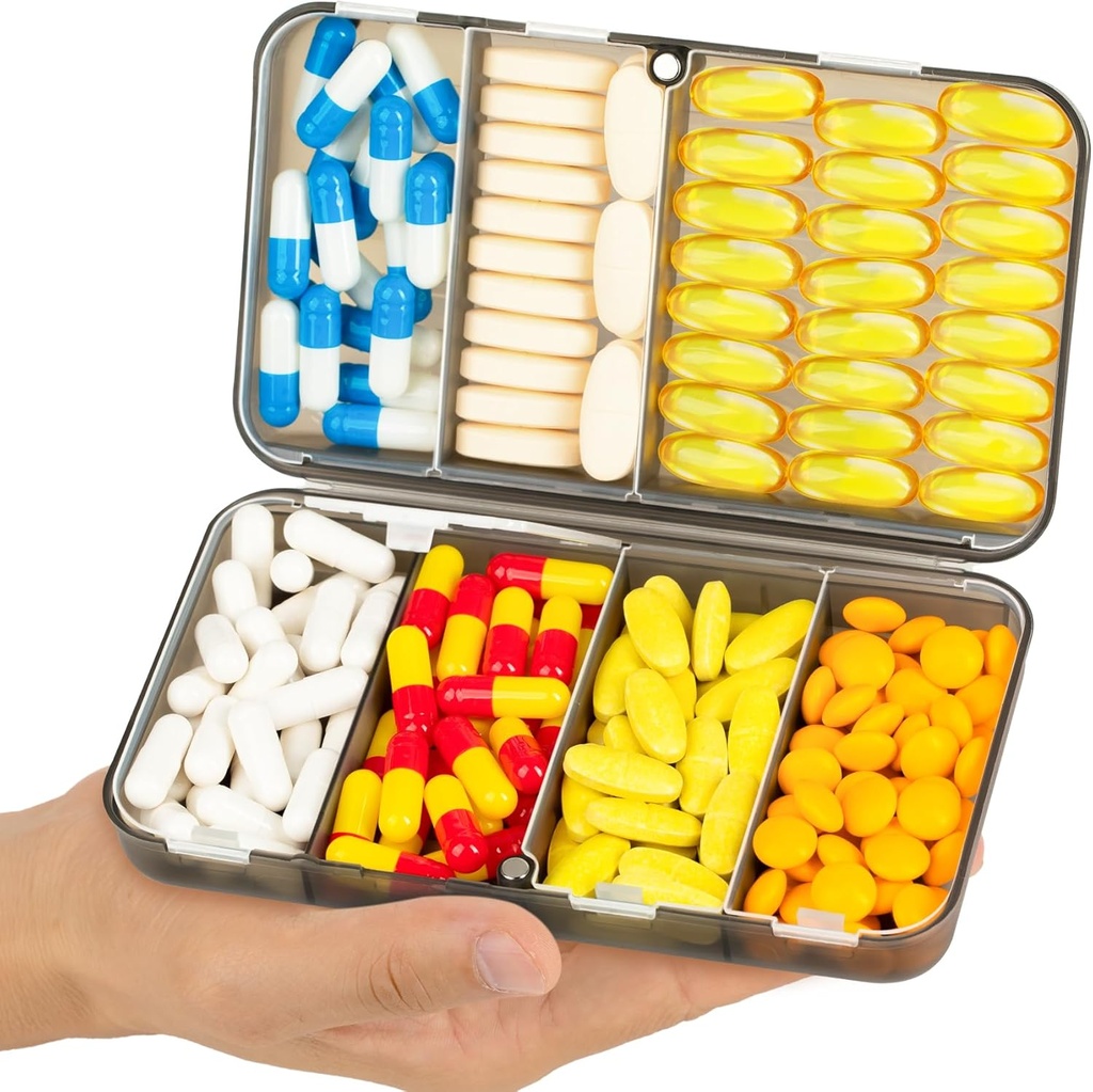 Yaklim Magnetic Travel Pill Organizer, 7 Komponenten Tragbare Pille Box, große Vitamin Organizer mit Etiketten, Tägliche Pille Fall Medizin Organizer, Große Ergänzung Organizer Magnet Pille Container Grau