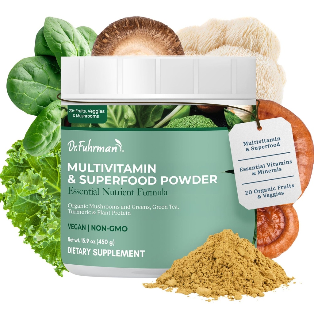 Dr. Fuhrman Whole Food Greens Powder | Premium Greens Superfood Powder Multivitamin | Pflanzenbasiertes Protein für Immununterstützung & Gut Gesundheit | Bio Pilze, Grüne, & Turmeric | Vitamin B12, D3, K2