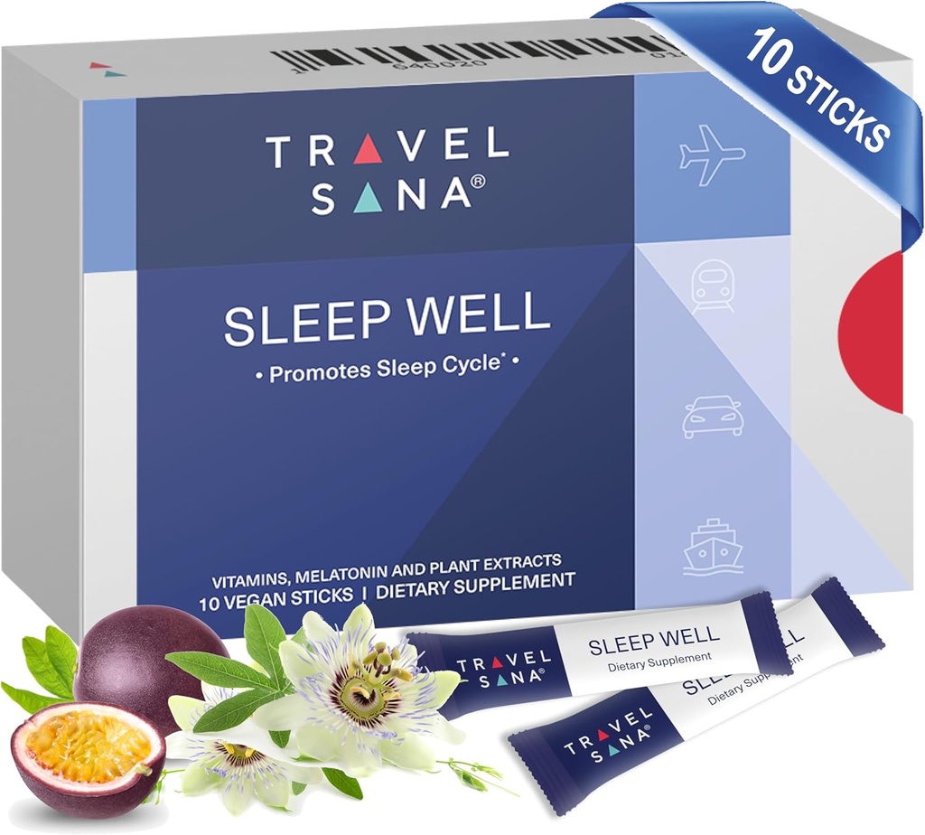 Sleep Well | Unterstützt Jet Lag Relief für Reisende | Melatonin 1 mg, Passionflower Extract & Vitamine | Natürliche Schlafunterstützung für Reisende | Fast-Acting | 10 Sticks