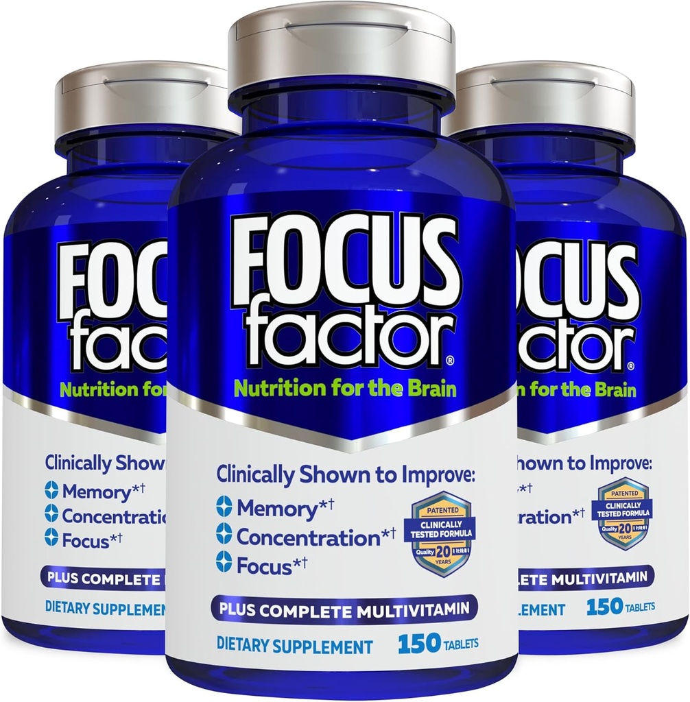 Facteur de concentration Nutrition pour le cerveau, mémoire améliorée et supplément de concentration Cerveau, multivitamine complète avec les vitamines B6, B12, D, Bacopa Monnieri & Tyrosine, 150 Compte (paquet de 3)