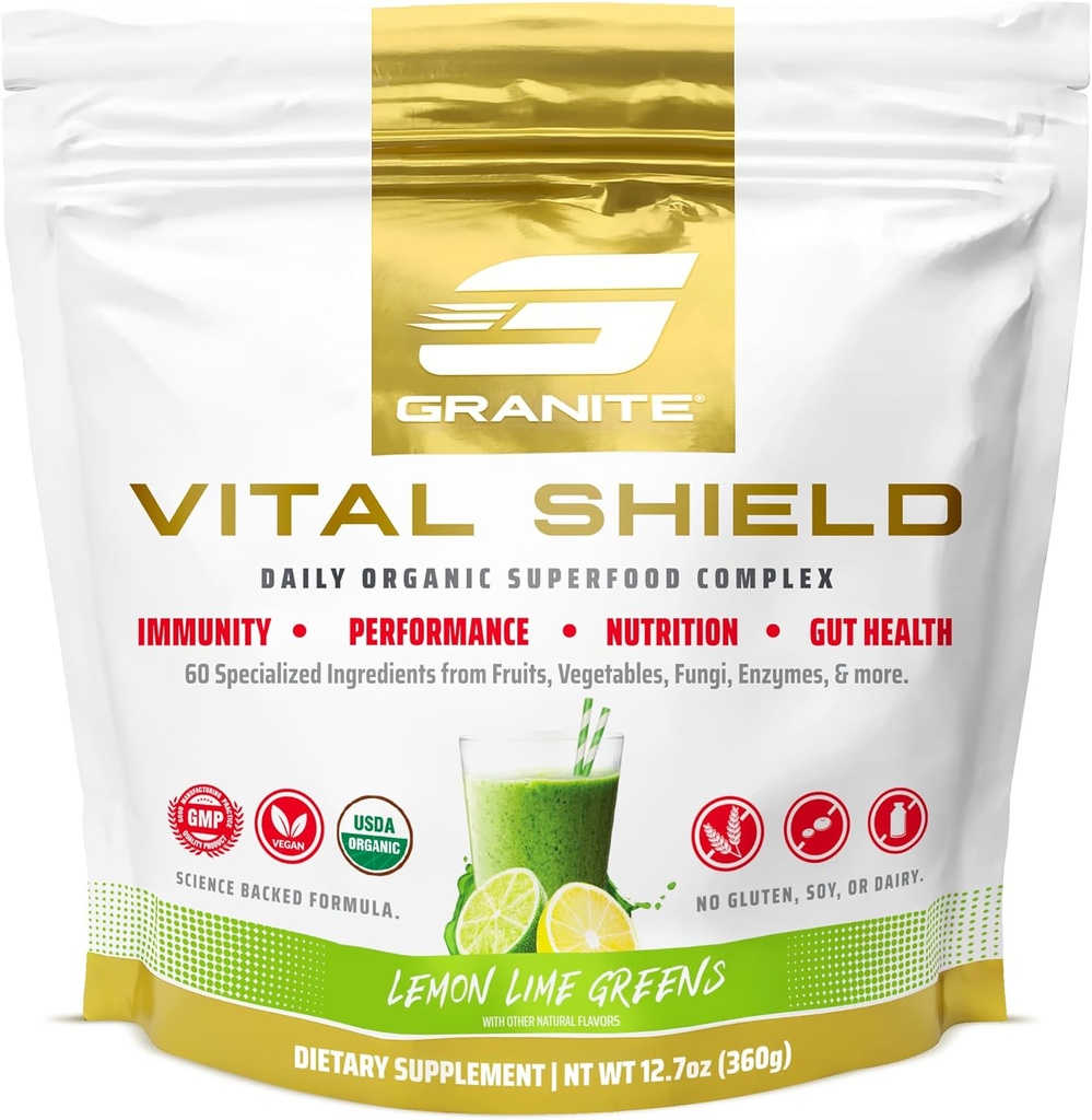 Granito Nutrition Vital Shield - USDA Organic Superfood Greens with Mushrooms & Tart Cherry – Supporta energia, Funzione Immune & Salute Digestiva – Lime Lime Flavor (30 Serve)