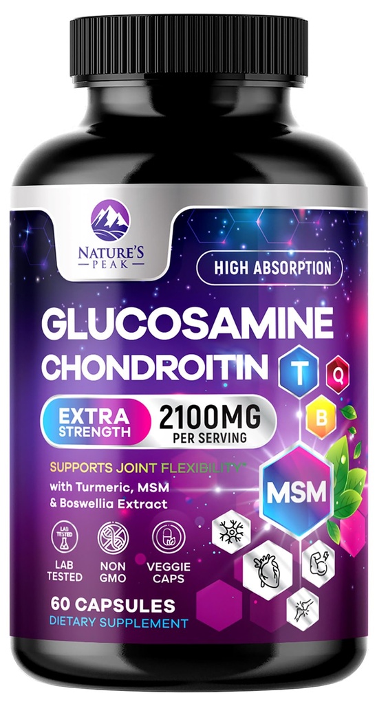 Glucosamina Chondroitin, MSM & Turmeric - Supplemento di supporto congiunto extra-forza con Solfato di Glucosamina 1500mg per Serving - per Cartilage, Joint Health & Flexibility - Bottigliato USA - 60 capsule