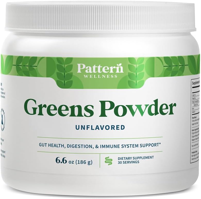 Pattern Wellness Greens Powder Superfood – with Antioxidant, Digestive Enzyme, Fiber, Probiotic & Adaptogen Blends – Supports Gut, Digestive & Immune Health – 30 Servings - 6.6 oz (Unflavored)