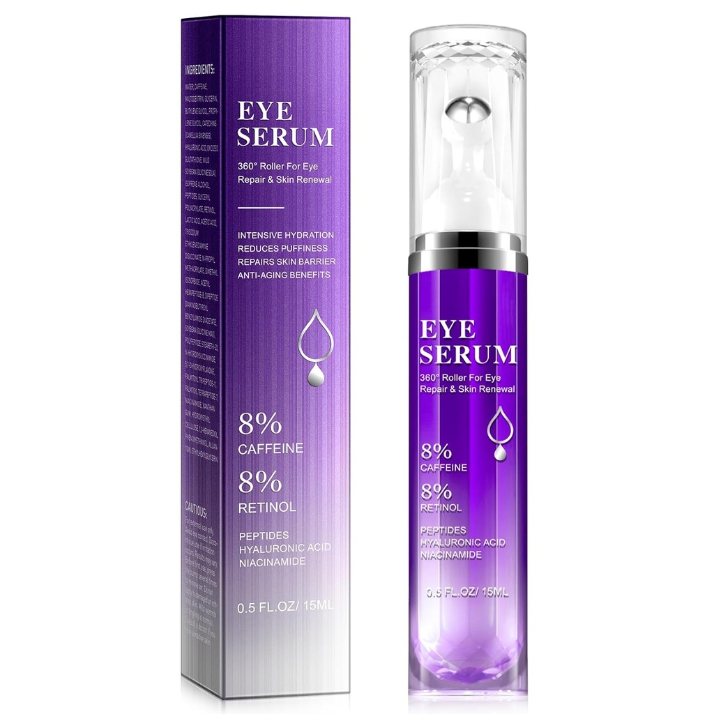 Unter Eye Roller Serum - 8% Koffein & 8% Retinol Augencreme für dunkle Kreise, Puffiness und Taschen, Puffy Bags Fine Lines Falten, 360° Massage Ball Cream, Hyaluronsäure Serum für Herren & Frauen