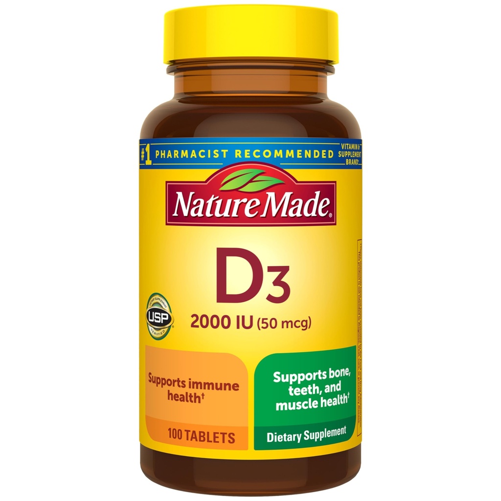 Nature Made Vitamin D3 2000 IU (50 mcg), Vitamin D Nahrungsergänzung für Knochen, Zähne, Muskel- und Immungesundheitsunterstützung, 100 Tabletten, 100 Tage Versorgung
