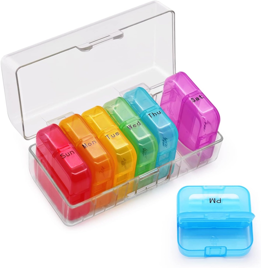 GRENCYCLE Organisateur hebdomadaire de pilules 7 jours 2 fois par jour, AM PM Portable Voyage quotidien Compartiments Cas de pilules pour pilules suppléments d'huile de poisson de vitamine, BPA sans pilules, facile à nettoyer