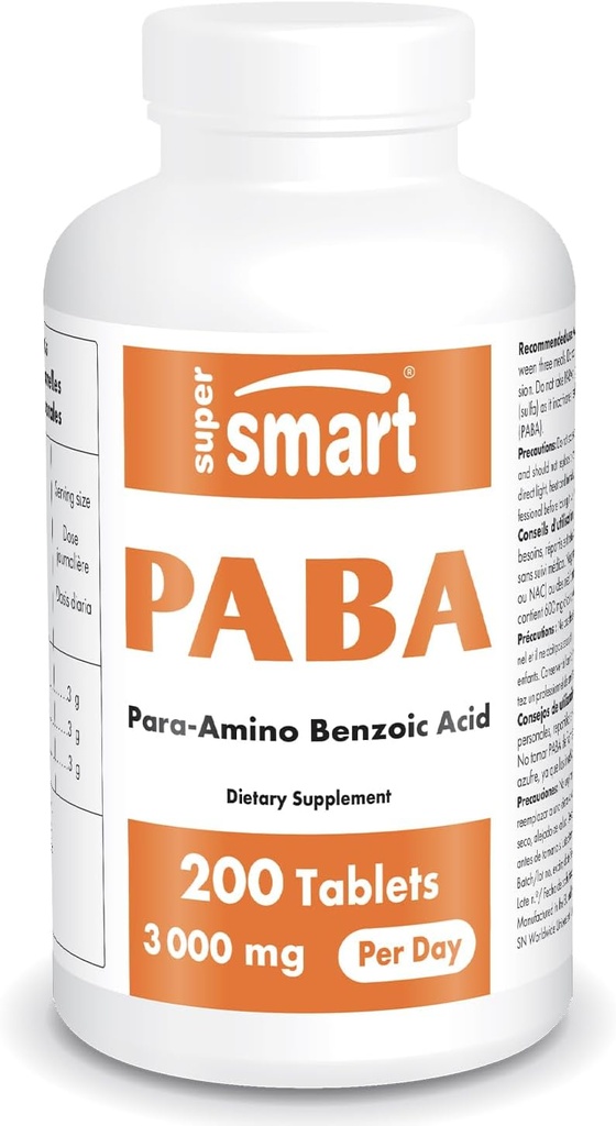 Supersmart - PABA Supplement 3000mg pro Tag (para-Aminobenzosäure) - Natürliches B-Komplexes Vitamin - Wasserlöslich PABA | Non-GMO & Glutenfrei - 200 Tabletten