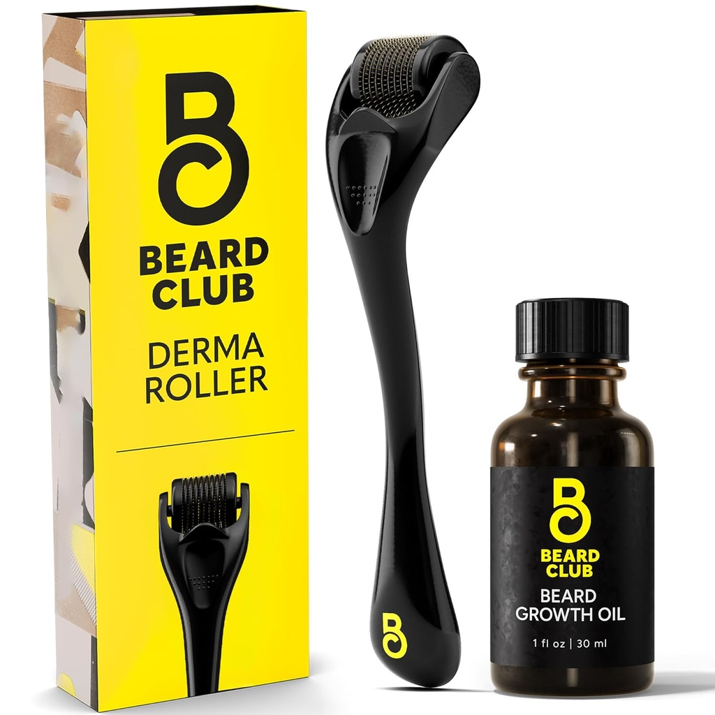 Il Beard Club Derma Roller & Beard olio di crescita per il viso, corpo e scala rullo di microneedling per gli uomini e le donne con 540 microneedles di titanio - rullo del cuscinetto per capelli & Beard