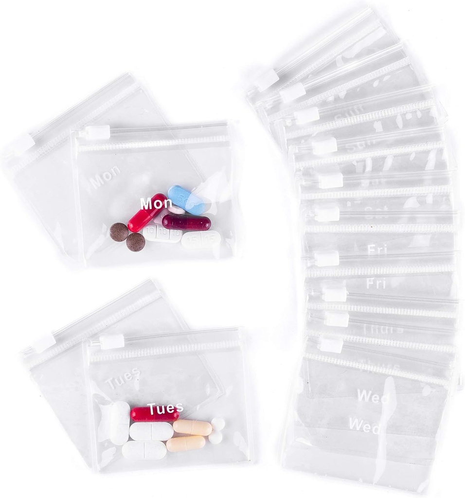 Pochettes à pilules réutilisables pour la médecine avec serrure à glissière (14 comtes) 3" Wide by 2.75" Tall Labeled lundi-dimanche Sacs à pilules EVA classe plastique pour les pilules et les vitamines