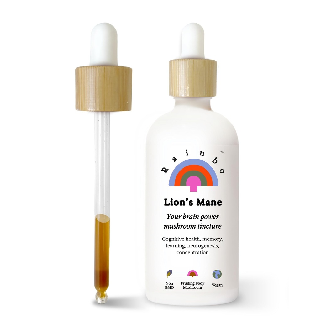 Rainbo - Teinture de Champignon Lion's Mane - Supplément de Champignon Dual Extract - Soutien Cerveau, Focus, Mémoire, Supplément de Lion liquide, Vegan, Non OGM, 3.4 fl oz