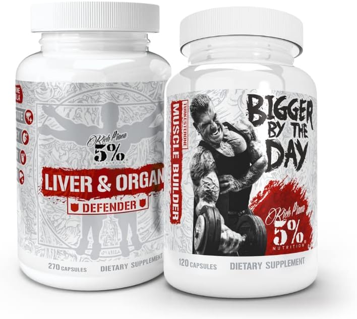 5% Nutrition 2-Stack | Liver & Organ Defender with NAC + BiggerByTheDay | Liver, Rene, & Heart Support + Muscle Builder anabolizzanti, Hardcore Lean Mass Gainer con Turkesterone, HICA, L-Leucine