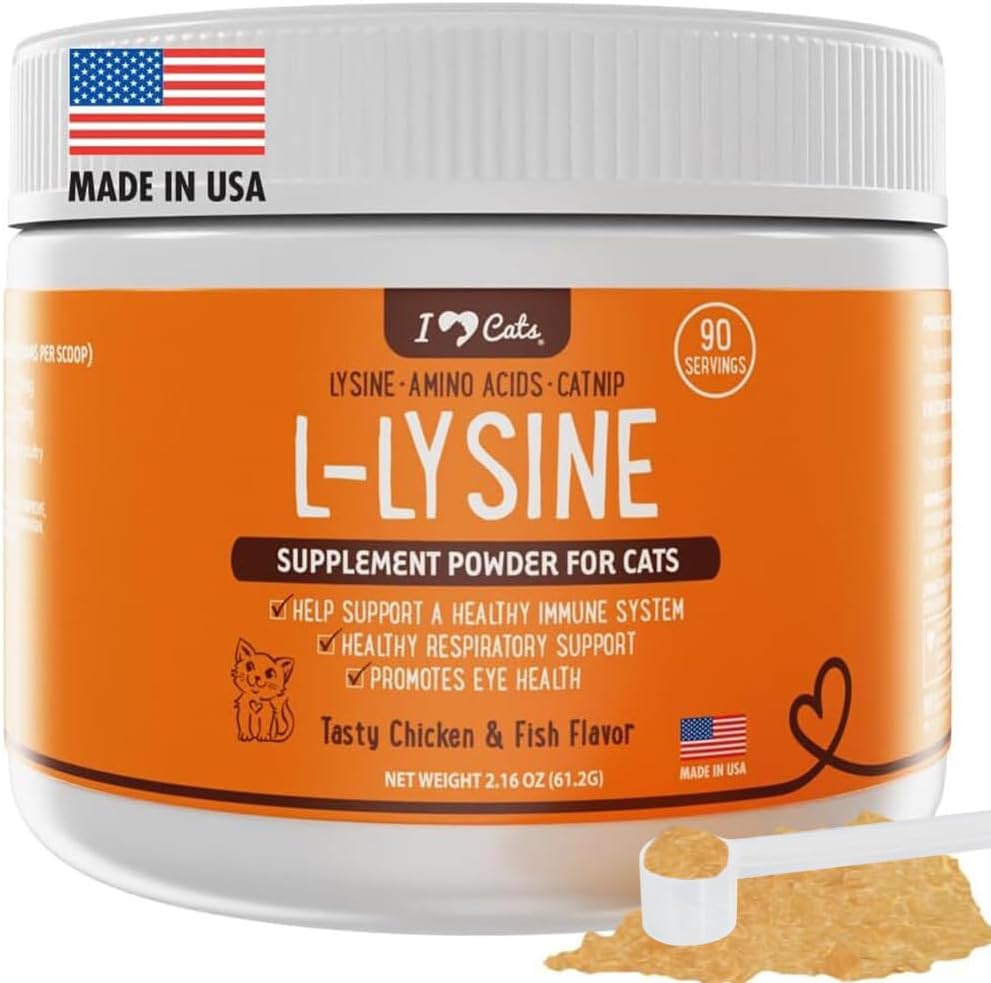 iHeartCats L-Lysine pour chats - Supplément immunitaire et respiratoire pour chats - Éternuement de chat et soulagement du nez de runny - Poudre de L-Lysine avec Nip de chat - Arôme de poulet et de saumon