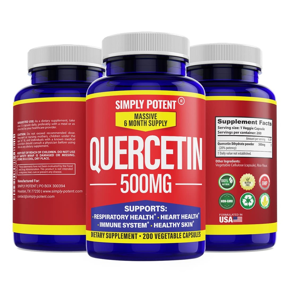 Einfach Potent Quercetin Ergänzungen, Quercetin 500mg 200 Kapseln, 2 X Quercetin 250mg Phytosome Bioflavonoid Antioxidant Vegan Gluten Kostenlose Pillen zur Unterstützung gesunder Cellular Heart & Immunfunktionen