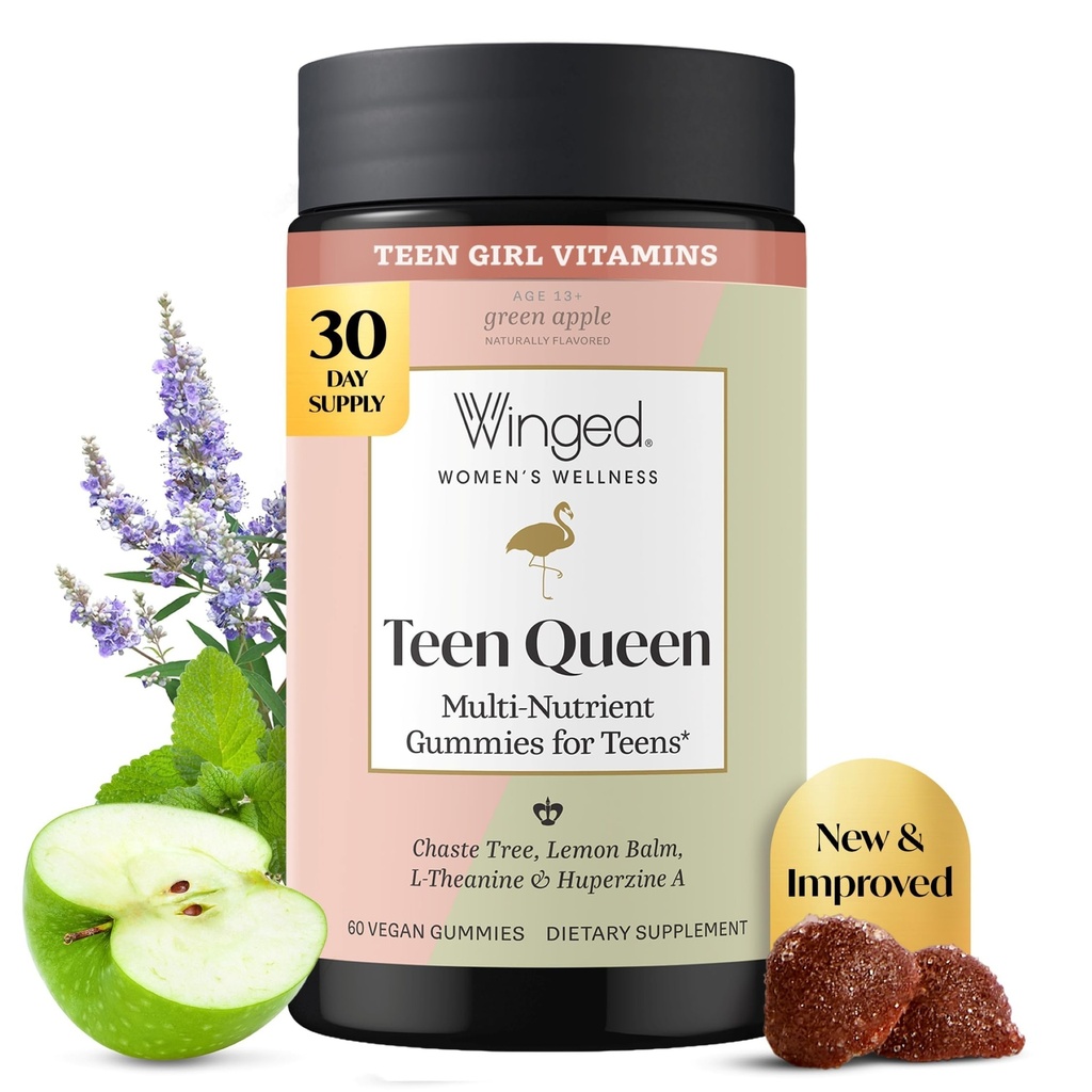 Winged Wellness Multivitamin Gummis für Teen Girls - Teen Vitamine für Stimmung & Hormonelle Gesundheit - Vegan Gummy Supplement mit Chaste Tree, Zitronenbalm, L-Theanine, Probiotics & Biotin - 50 Gummis