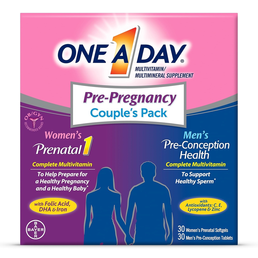One A Day Men's & Women's Pre-Pregnancy Multivitamin Softgel tra cui Vitamine A, Vitamina C, Vitamina D, B6, B12, Acido Folico & more, 30+30 Count, Supplemento per Prima, Durante e Postnatal