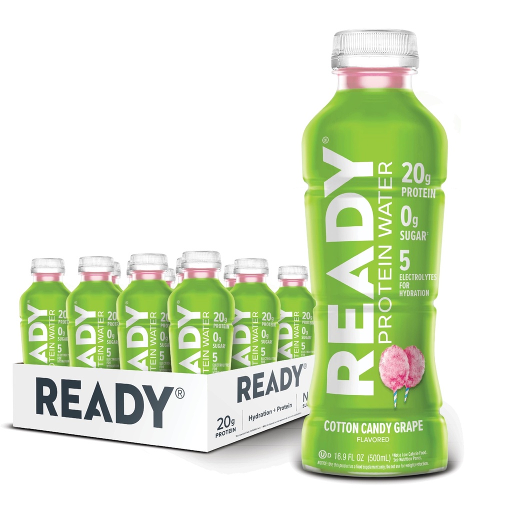 Ready® Protein Water – Isolato di proteine 20g Whey, Zucchero Zero, Bevanda sportiva a basso contenuto di calorie per l'idratazione e il recupero – Elettroliti, Aminoacidi essenziali – Uva di caramelle di cotone, 16.9 fl oz Bottiglie (12-Pack)