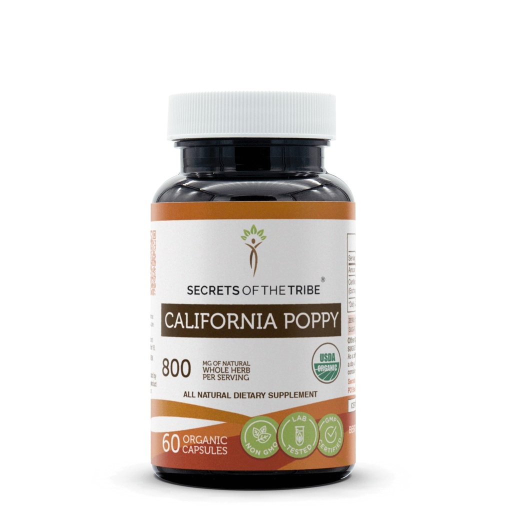 Segreti della Tribù California Poppy USDA Organic 60 Capsule | Realizzati con Capsule Vegetariani e Certified Organic California Poppy (Eschscholzia Californica) Dried Herb and Flower (60 Capsule)