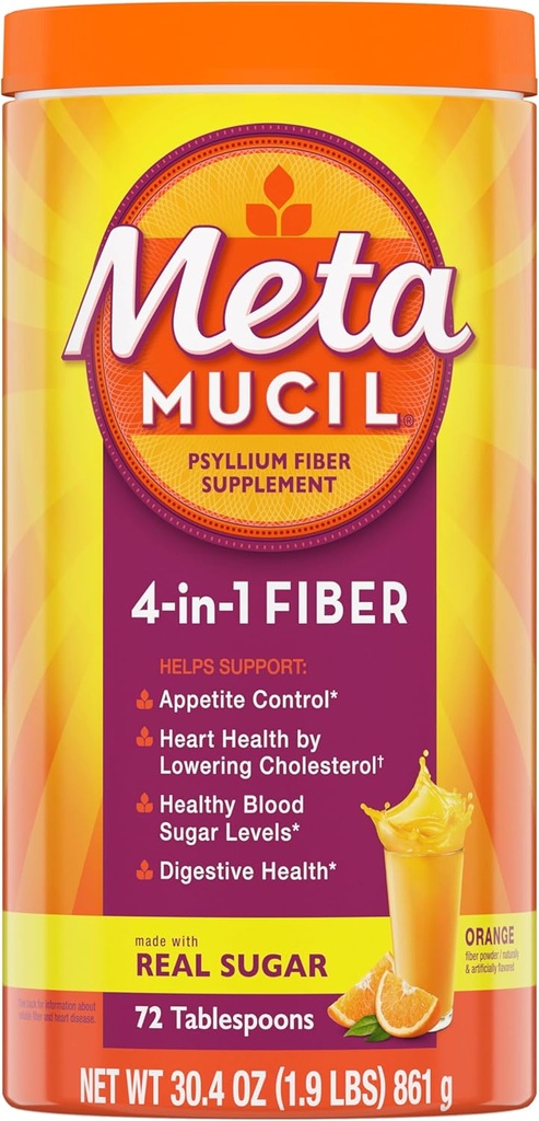 Metamucil 4-in-1 Psyllium Husk Fiber Supplement, Real Sugar, 72 Esslöffel, Orange Flavored, Daily Fiber Powder for Digestive Health, made with Plant-Based Psyllium Husk Fiber